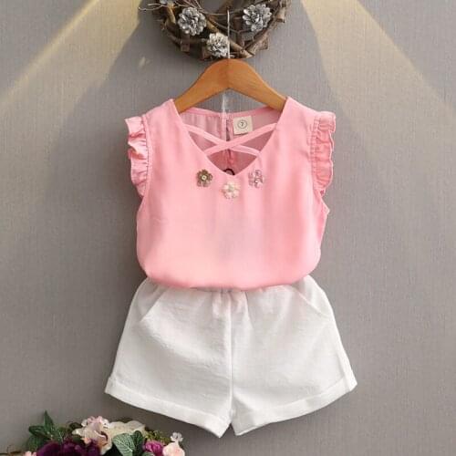 Girls Clothing Sets 2020 Summer New Girls Fashion Flower Chiffon Sleeveless T-shirts + Shorts Suit Kids Clothes