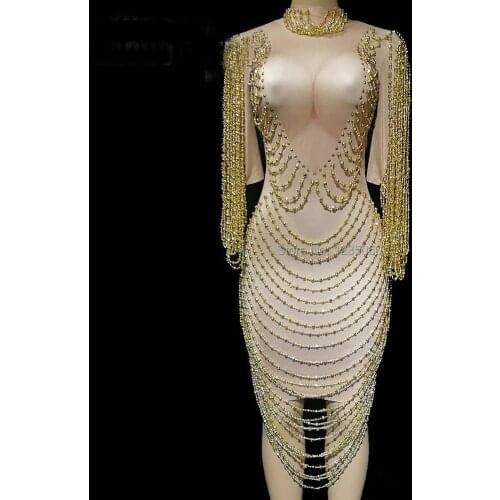 Drag Queen Costumes Rhinestones Bead Fringe Bodycon Party Dresses Sexy Celebrity Red Carpet Dress