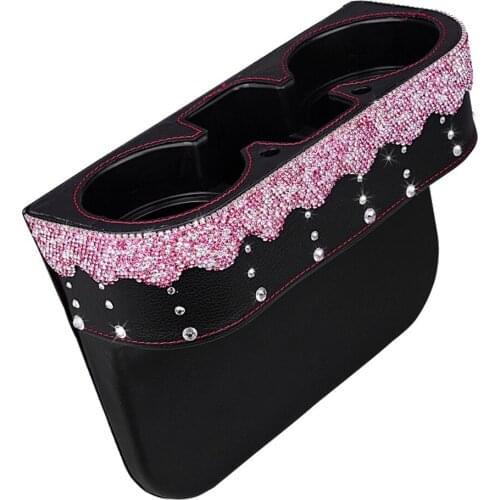 Leather Seat Crevice Storage Box Bag with Luxury Crystals Drink Cup Mobile Phone Organizer Car Interior Accessories