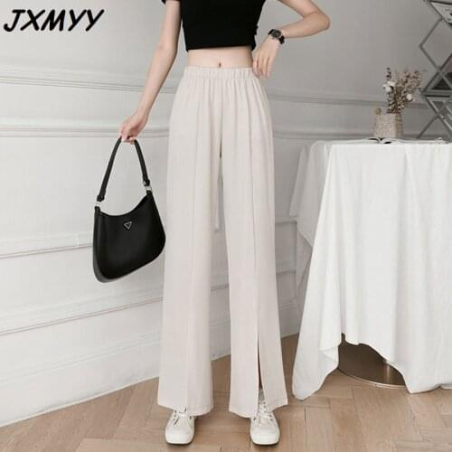 Fashion Womens 2021 New High-Waist Straight Vertical Mop Suit Casual Wear Wide-Leg Front Slit Trousers JXMYY