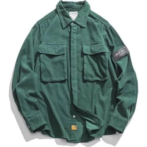 Flannel Shirts Men Casual Autumn Winter Corduroy Warm Shirts Harajuku Japanese Streetwear Vintage Cargo Tactical Pocket Shirts