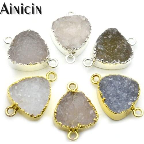 Natural Druzy Crystal Triangle Shape Double Circle Gold Silver Plating Connectors Fashion Connection Jewelry Making Supplies