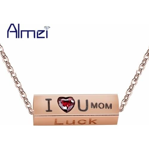 Almei Rose Gold Color Heart Necklace Women "I Love Mom" Belief Necklaces & Pendants Luck Engraved Titanium Pendant Jewelry SN195