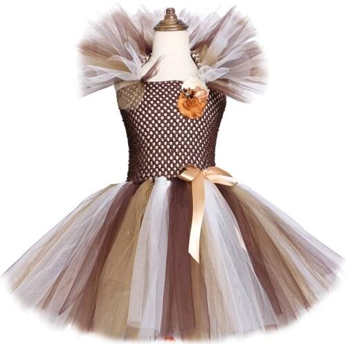 Wild Lion Mane Tutu Dress Brown Flowers Kids Girls Birthday Party Dress Children Halloween Cosplay Animal Dress Costumes 2-12Y