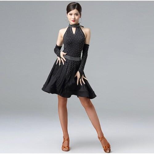 High Neckline Latin Dance Competition Dresses Women Salsa Samba Sling Dress Rhinestones Girls Fringes Costume with Gloves