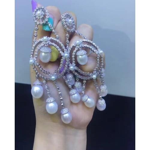 Natural fresh water pearl dangle earring 925 sterling silver with cubic zircon multi layers tear drop shape fine jewelry