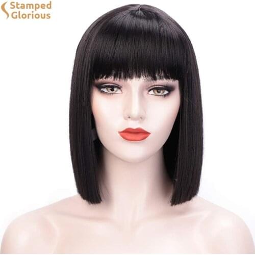 Lativ Synthetic Short Straight Wig With Bangs for Black Women Black Bob Wigs Shoulder Length Heat Resistant Hair