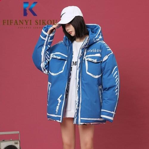 Streetwear Women Winter Jacket Hooded Short Parka Fashion Print Down Jackets Female Thick Warm Overcoat Loose Cotton Padded Coat