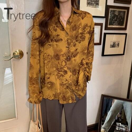 Trytree 2020 Spring Women Casual Blouse Turn-down Collar Single Breasted Print Vintage Fashion All-Purpose Style Blouse Tops