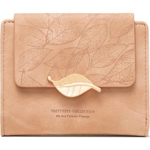 Women Fashion Short Leaves Printing Wallets Female Metal Leaves Zipper Hasp Leather Coin Purses Ladies New Frosted Letters Cards