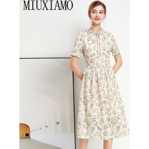 MIUXIMAO 2020 Summer Dress Runway Design Casual Dress Women Flower Print Short Sleeve Vintage Dress Women vestido