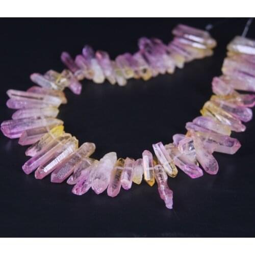 15.5"/strand Purple&Yellow Gradient Color Raw Crystal Quartz Top Drilled Point Beads,Titanium Cut Crystal Stick Pendants Jewelry