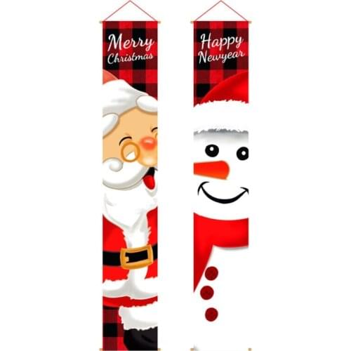 2Pcs/Set Christmas Porch Sign Cartoon Snowman Santa Claus Merry Xmas Decoration Plaid Front Door Hanging Banners Flags N0PA