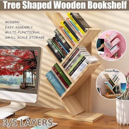 3/5 Layers Tree Shaped Bookshelf Desk Study Bookcase Multi-grid Storage Shelf Wooden Creative Study Bookcase Furniture Decor