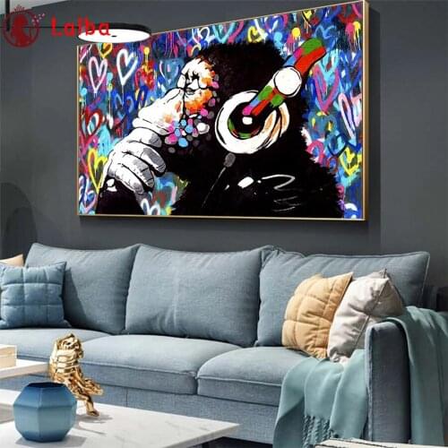 Diamond Mosaic Abstract colorful graffiti art, orangutan listening to music Diamond Painting Cross Stitch Embroidery Wall Art