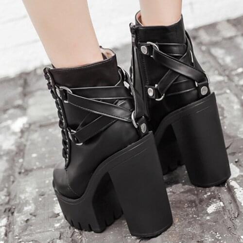 Fashion Black Boots Women 2021 Heel Spring Autumn Lace-up Soft Leather Platform Shoes Woman Party Ankle Boots High Heels Punk