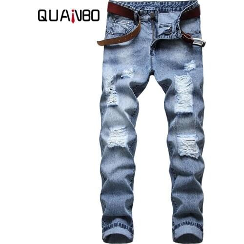 QUANBO Mens Ripped Distressed Destroyed Slim Fit Straight Leg Denim Jeans Fashion Streetwear Men Jeans Size 40