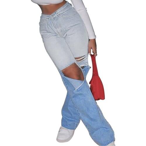 Streetwear Contrast Color Straight Womens Jeans Baggy Vintage High Waist Boyfriends Mom Big Hole Ripped Distressed Denim Pants