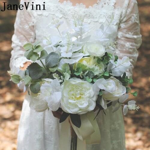 JaneVini Western White Roses Wedding Bouquet Ivory Flowers Green Leaves Trouwerij Artificial Bride Brooch Bridal Bouquet Mariage