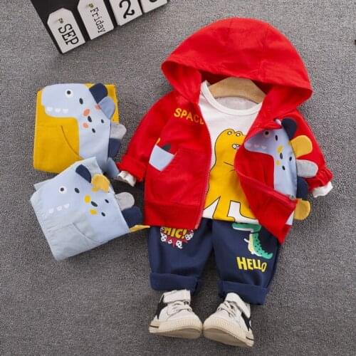New Autumn Kids Clothing Sets 1-4Y Boys Suit Cartoon dinosaur Cotton Hooded Sweatshirt Coats T shirt Pants 3Pcs set For Baby boy