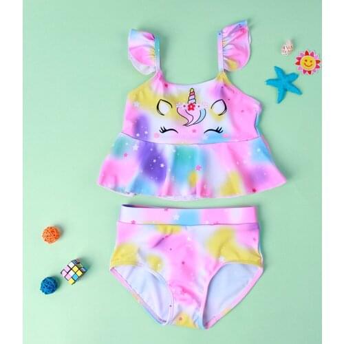 Girls Two Piece Swimsuit, Childrens Unicorn Pattern Ruffle Hem Fly Sleeve Tops Swimming Shorts for Kids