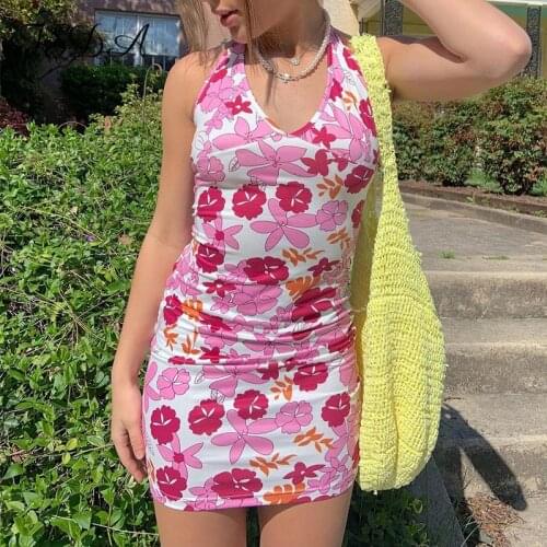 FSDA Summer Floral Print Bodycon Dress Mini Women V Neck Sleeveless 2021 Y2K Beach Halter Neck Mini Backless Sexy Dresses Party
