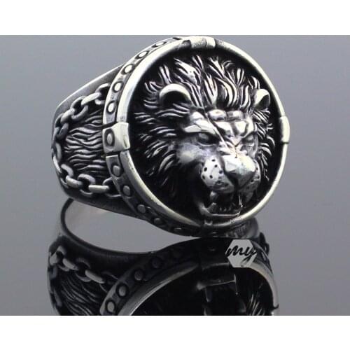 Solid 925 Sterling Silver 3D Lion Head Mens Ring