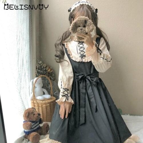Japanese Harajuku Women Lolita Party Dress Gothic Bandage Bow Patchwork Cute Girl Cosplay Dress Soft Girl Kawaii Ruffles Dress