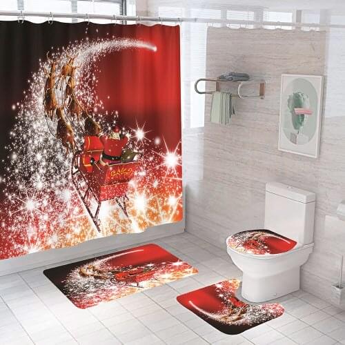 180*180cm Santa Father Bell Elk Pattern Bathroom Set Merry Christmas Shower Curtain and Toilet Cover Mat Non Slip Rug Sets