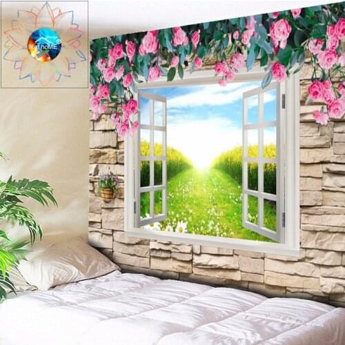 Boho Flowers Wall Tapestry Brick Wall Hanging Window Scenery Hippie Psychedelic Tapestry Large tapiz pared tela toalla mandala