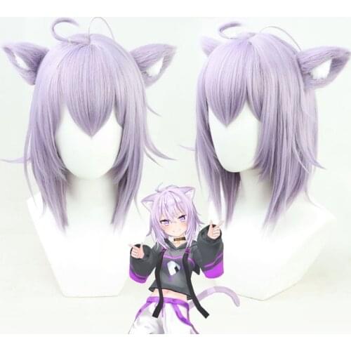 Anime Vtuber Hololive Nekomata Okayu Cosplay Wig with Ears Short Purple Synthetic Hair Wig Halloween Party + Free Wig Cap