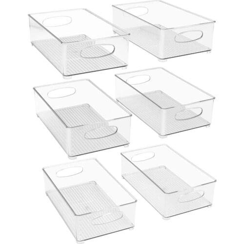 Plastic Storage Bins Stackable Clear Pantry Organizer Box Bin Containers for Organizing Kitchen Fridge, Food, Pack of 6