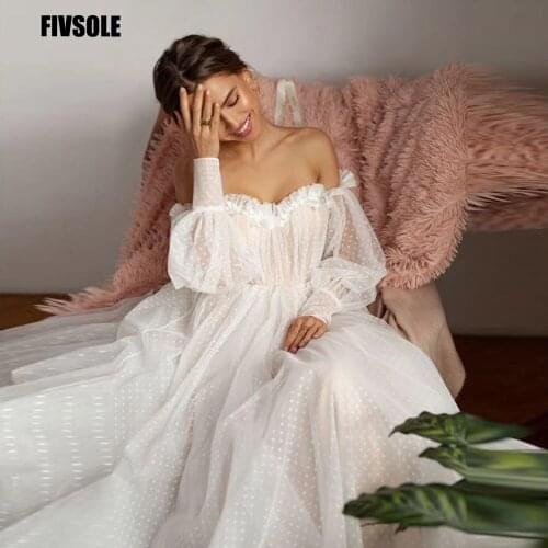Fivsole New Puff Long Sleeves Dot Tulle A Line Wedding Dress 2021 Off the Shoulde Elegant Bridal Gowns Princess Bridal Dresses