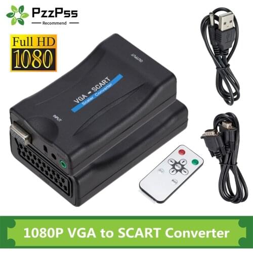 PzzPss New 1080P VGA to SCART Video Audio Converter Adapter Digital Video Audio TV Signal Convertor With Remote Control Power