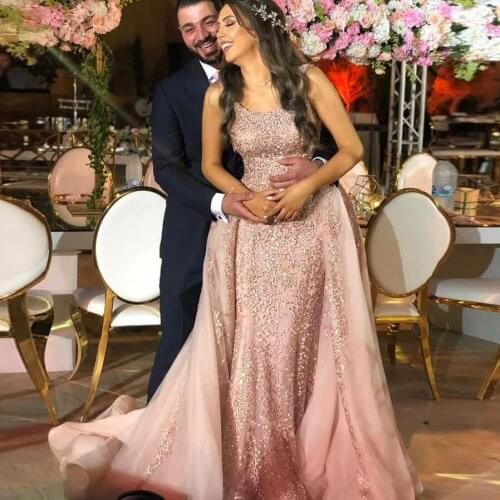 Romantic Pink Lace Mermaid Evening Dresses With Detachable Train Dubai Beaded Prom Gowns 2021 Vestidos Longo