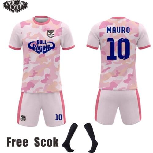 Pink Blue Grey Color Camo Design Custom Men Soccer Club Uniforms Polyester Mesh Quick Dry Soccer Jersey Sets