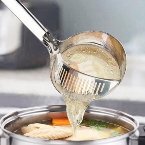 Stainless Steel Long Handle Soup Food Separator Kitchen Colander Filtering Spoon is designed for quick separation of hot soup