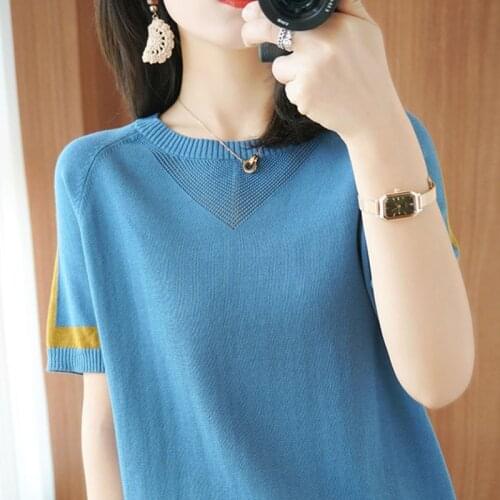 O-neck Summer Cool Ice Silk Pull Tops Casual Short Sleeve Thin Knitted Pullovers Shirt Women Korea Elastic Pull Jumper