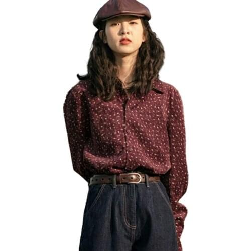 Womens Spring And Autumn Style Corduroy Blouse Shirt Printed Button Long Sleeve Turn-Down Collar Elegant Casual Tops SP994