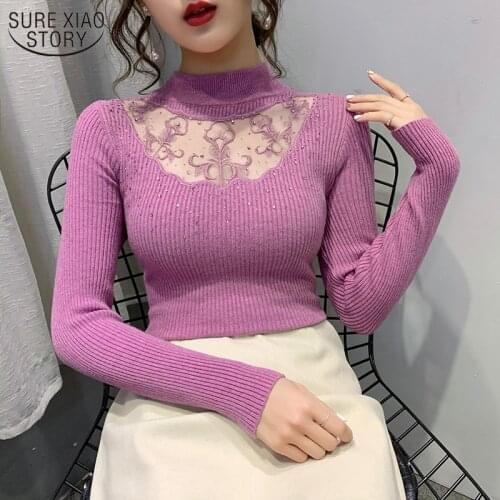 Solid Long Sleeve Bottoming Shirts Women 2021 Autumn and Winter New Womens Knitwear Half-turtleneck Lace Hollow Pullover 11565