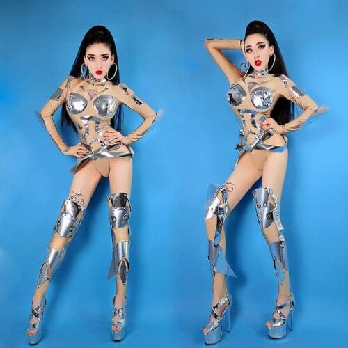 Female Singers Stage Costume Silver Bodysuit Sexy Outfit Party DS DJ GoGo Dance Wear Rave Performance Nightclub Womenswear 3876