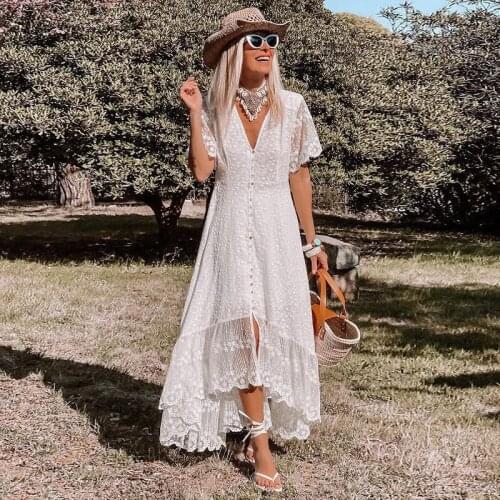Happie Queens women solid floral short sleeve beach slim Bohemian maxi dress Ladies v-neck Boho sundress vestidos