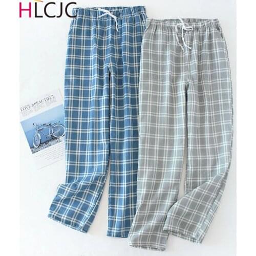 Mens Cotton Gauze Trousers Plaid Knitted Sleep Pants Mens Pajamas Pants Bottoms Sleepwear Pajama Short For Men Pijama Hombre