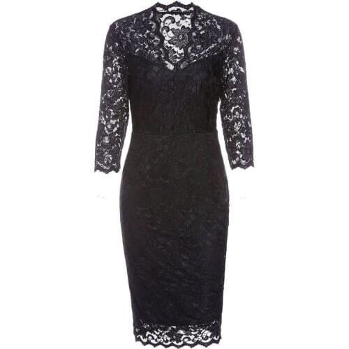 Feelycc Elegant Black Dress for the office V Neck 3/4 Sleeve Sexy Slim Embroidery Blue Casual Party Lace Women Dresses