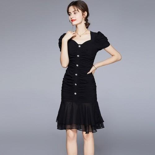 Elegant Solid Black Short Puff Sleeve Ruched Ruffle Bodycon Midi Dress Summer Diamonds Button Female Pencil Vestidos k8691