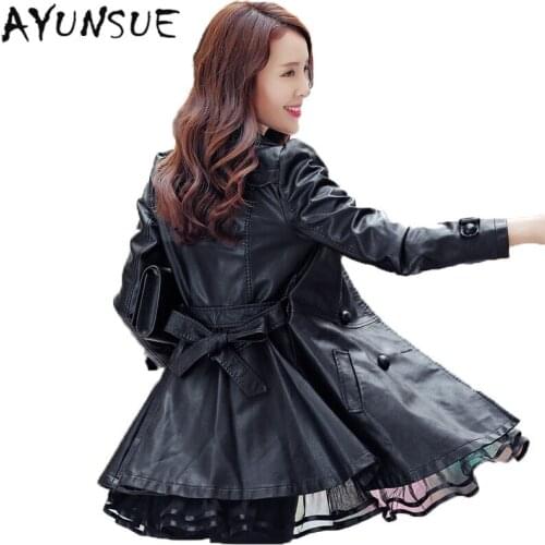 Jackets Fashion Black 7XL Lace Skirt Coats Medium Long Slim Womens Leather Jacket Women Red Faux Sheepskin Coat WUJ1210
