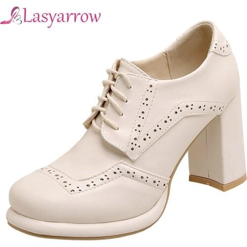 Lasyarrow British Shoes Block High Heels Lace Up Women Oxfords 2021 Spring Autumn Office Lady Dress Pumps Plus Size 34-43