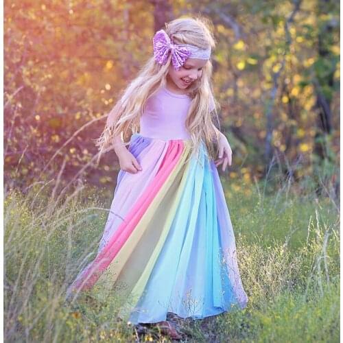 2021 Summer Dress For Girls Rainbow Ankle-length Princess Costume For Children Pretty Multi-Color Mesh Holiday Clothes For Kids