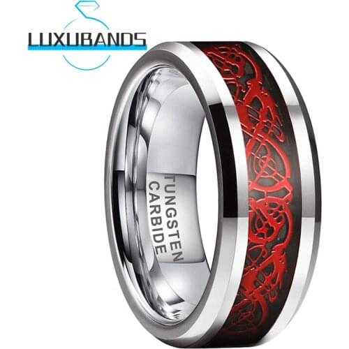 8MM Tungsten Wedding Rings For Men Women Beveled Edges Red Dragon Black Carbon-Fiber Inlay Polished Finish Comfort Fit