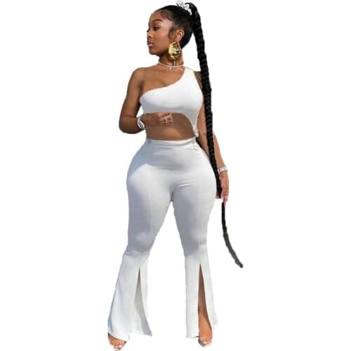 Casual Solid Womens 2 Piece Outfits Sexy One Shoulder Irregular Crop Top + Slit Hem Flare Pant Slim Club Two Piece Set Clothing